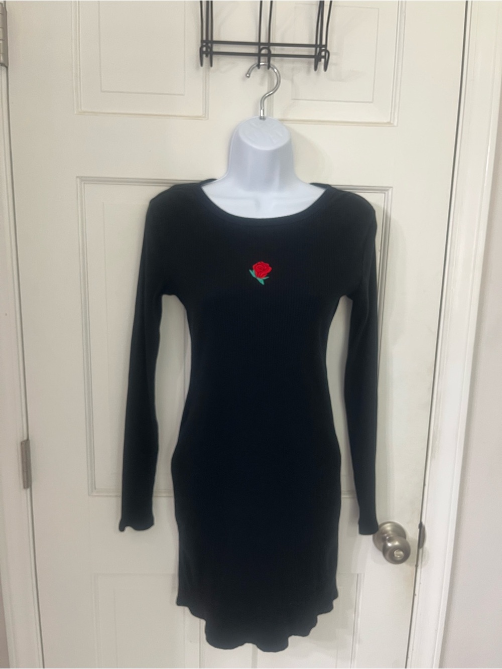 wild fable Black Ribbed Long-Sleeve Dress with Red Rose Patch